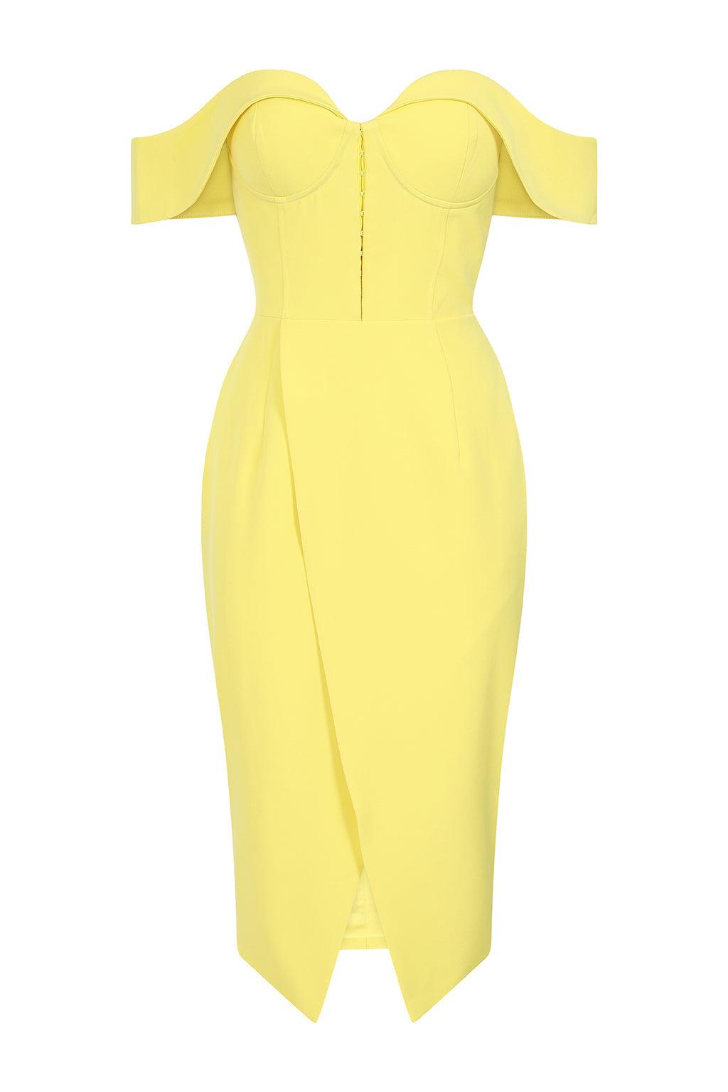 AUBREY Bustier Corset Wrap Midi Dress in Lemon Yellow - Lavish Alice