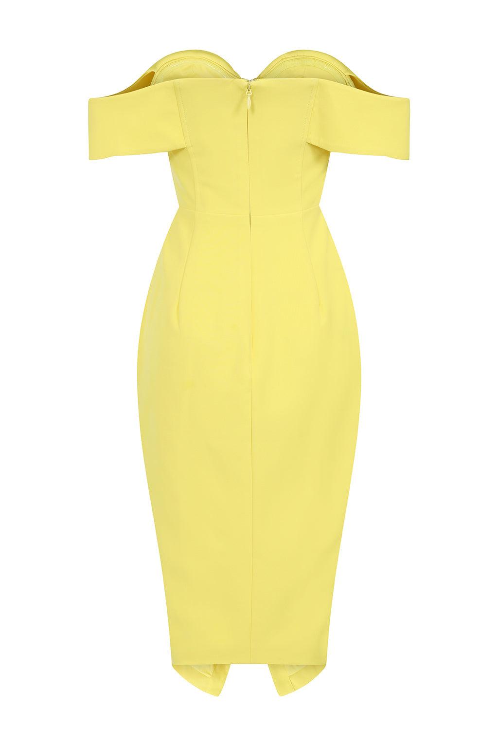AUBREY Bustier Corset Wrap Midi Dress in Lemon Yellow - Lavish Alice