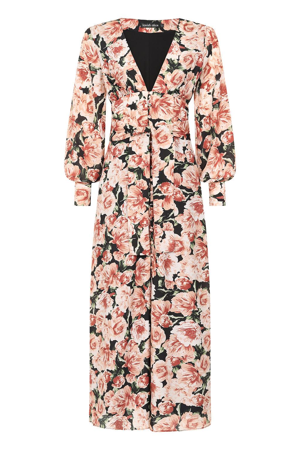 KATHERINE Balloon Sleeve Button Through Longline Dress in Black Floral - Lavish Alice