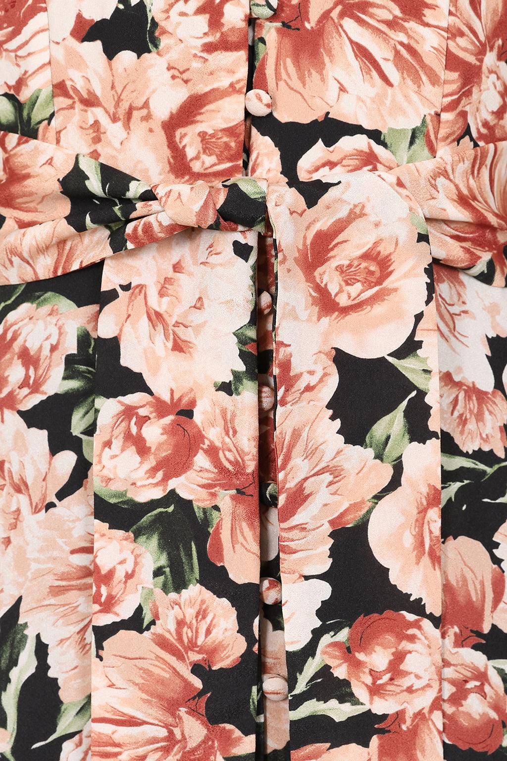 KATHERINE Balloon Sleeve Button Through Longline Dress in Black Floral - Lavish Alice