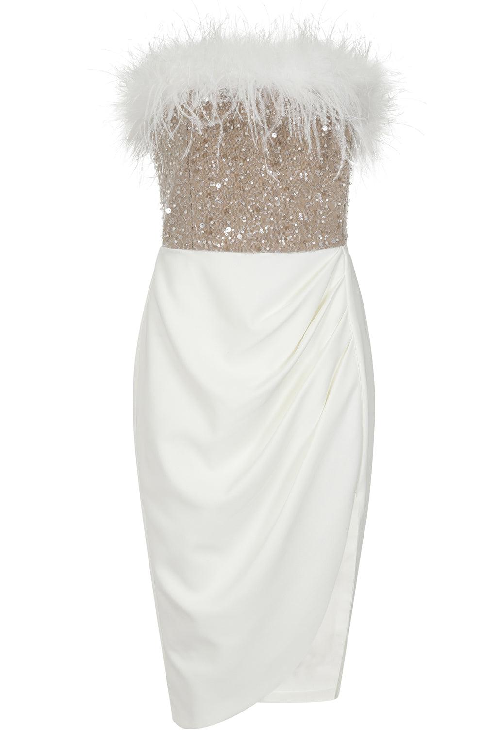 HOPE Embellished Feather Bandeau Dress In White - Lavish Alice