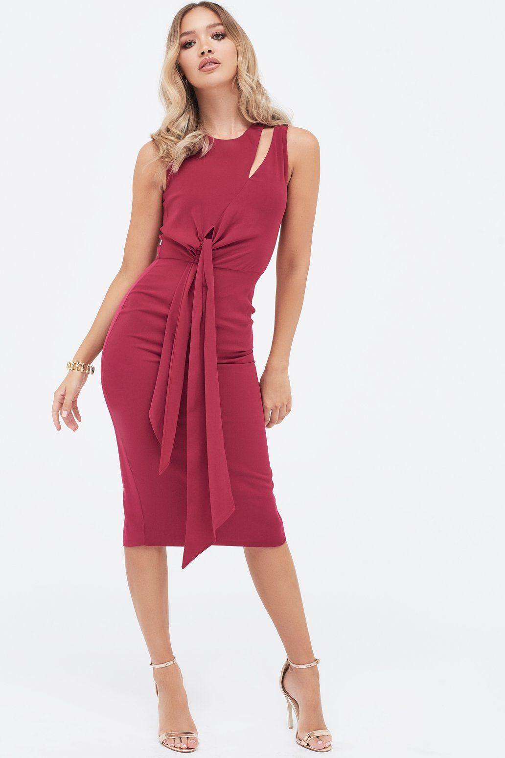 Midi Dress with Draped Side Tie Detail In Magenta - Lavish Alice