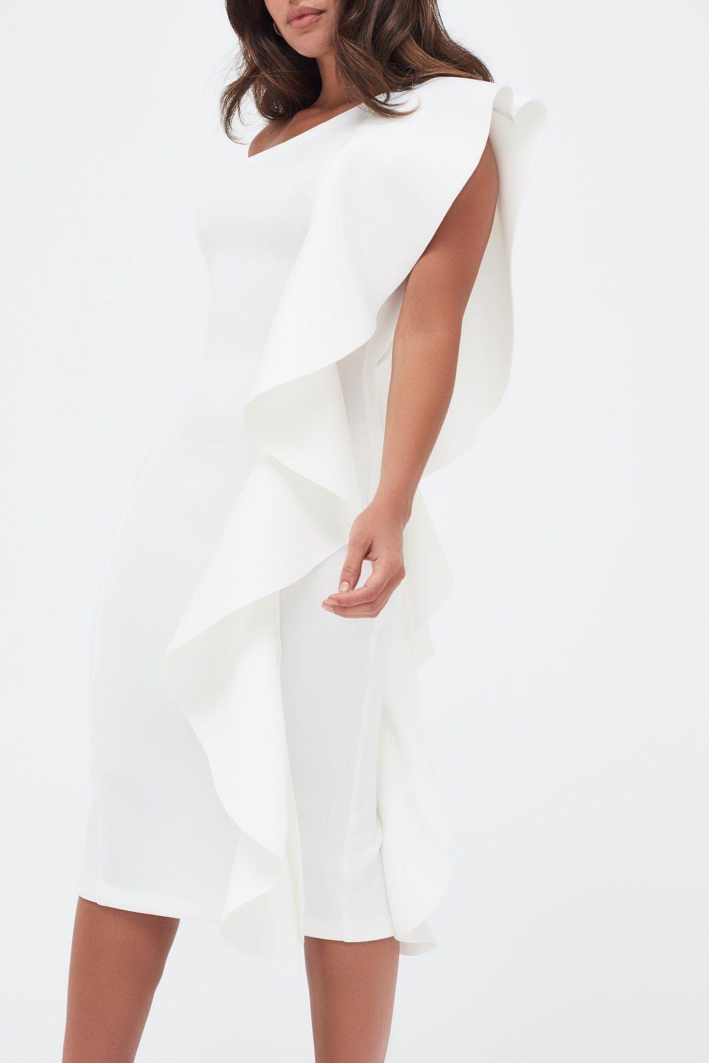 One Shoulder Scuba Exaggerated Frill Midi Dress in White - Lavish Alice
