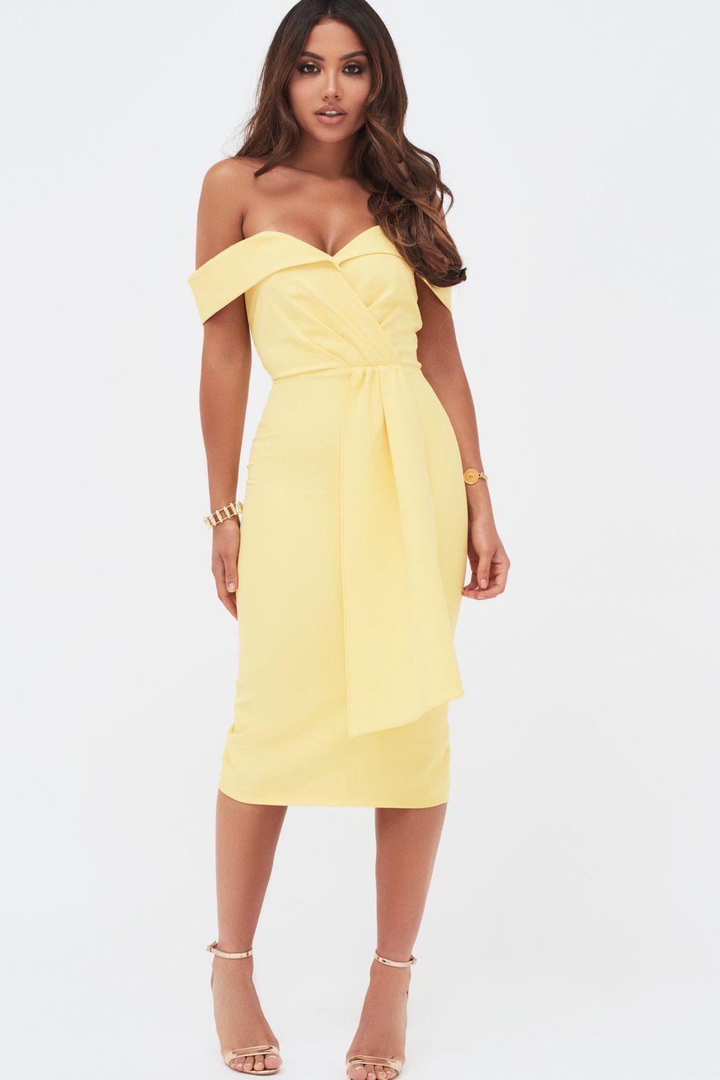 Pleated Bardot Draped Belt Midi Dress In Yellow - Lavish Alice