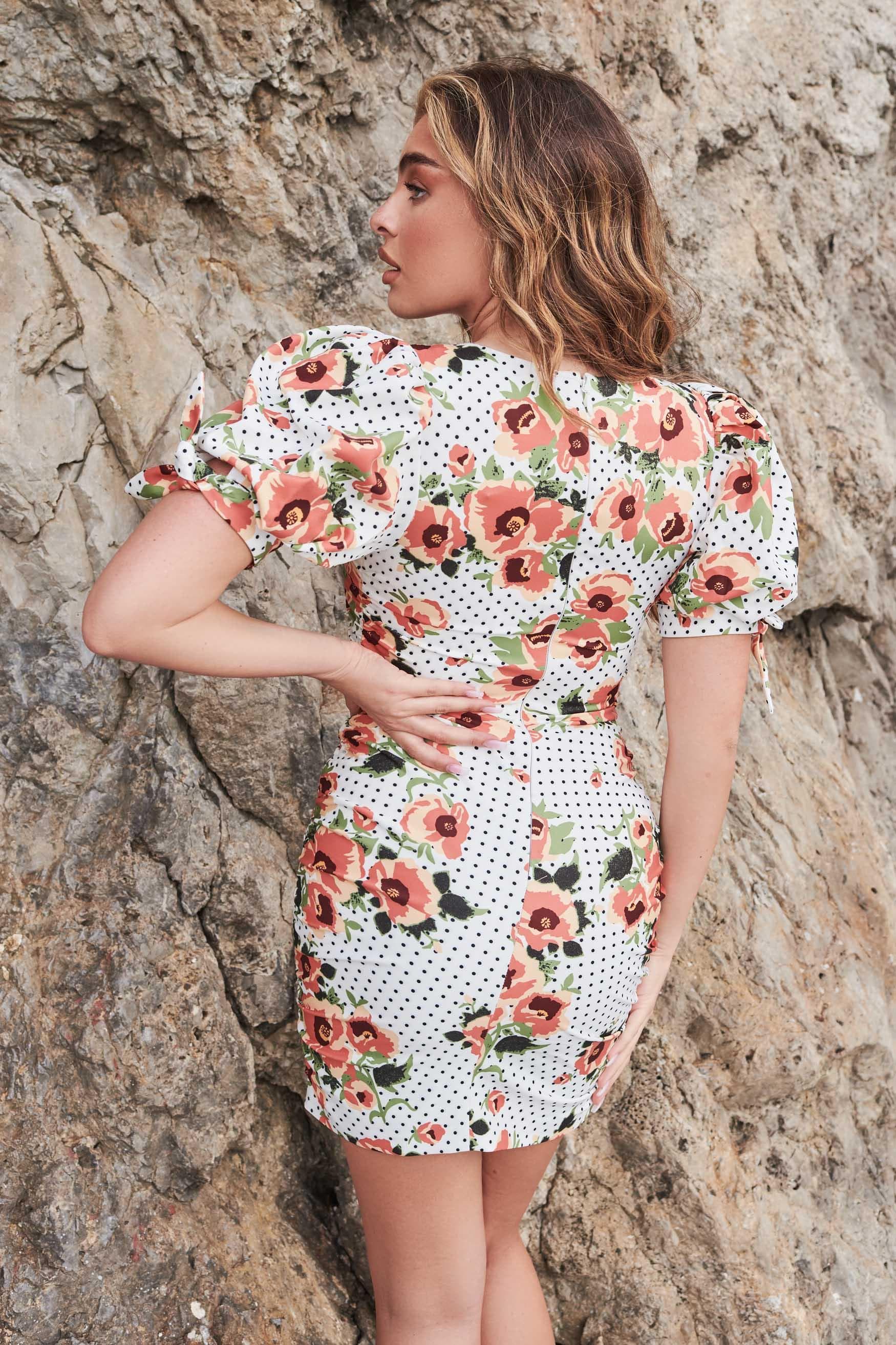 DANIELA Tie Sleeve Ruched Mini Dress in Floral Spot - Lavish Alice