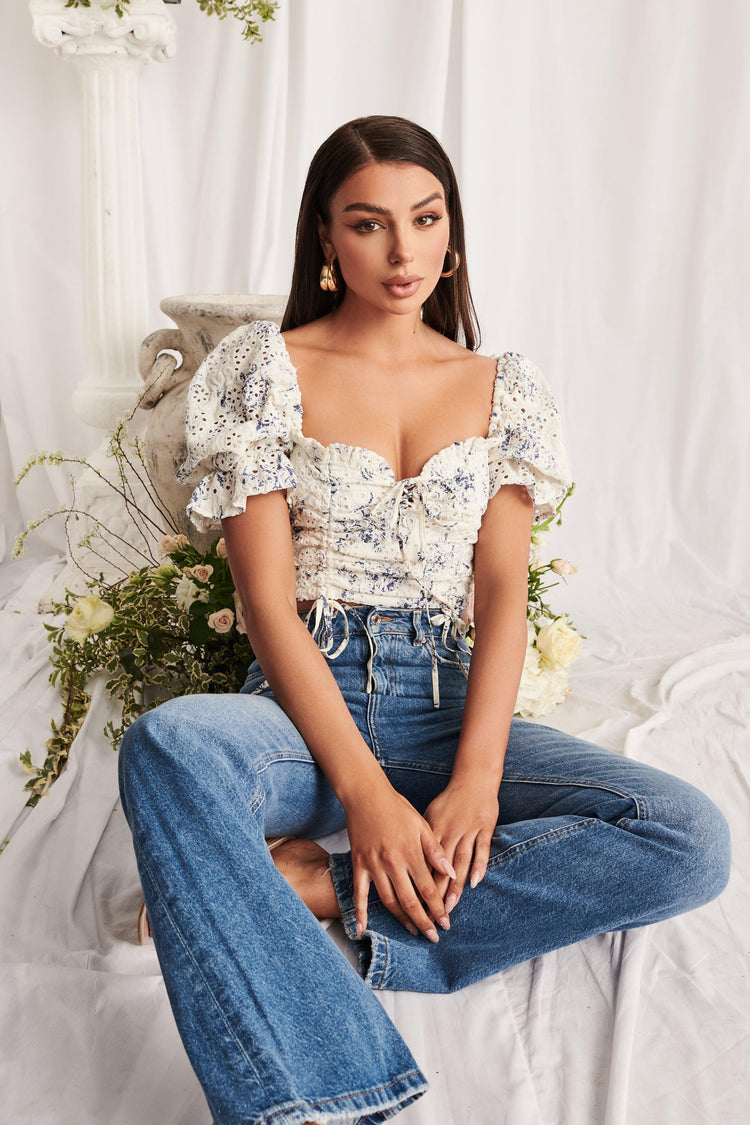 EMERY Broderie Gathered Strappy Back Top in Porcelain