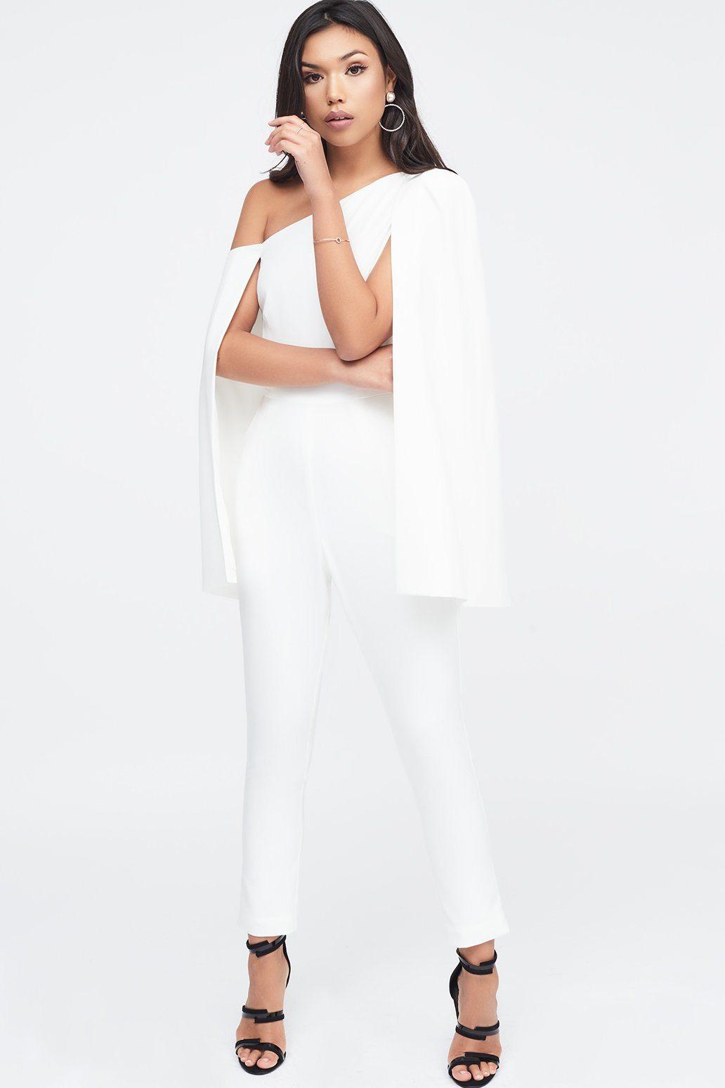 One Shoulder Cape Jumpsuit in White - Lavish Alice