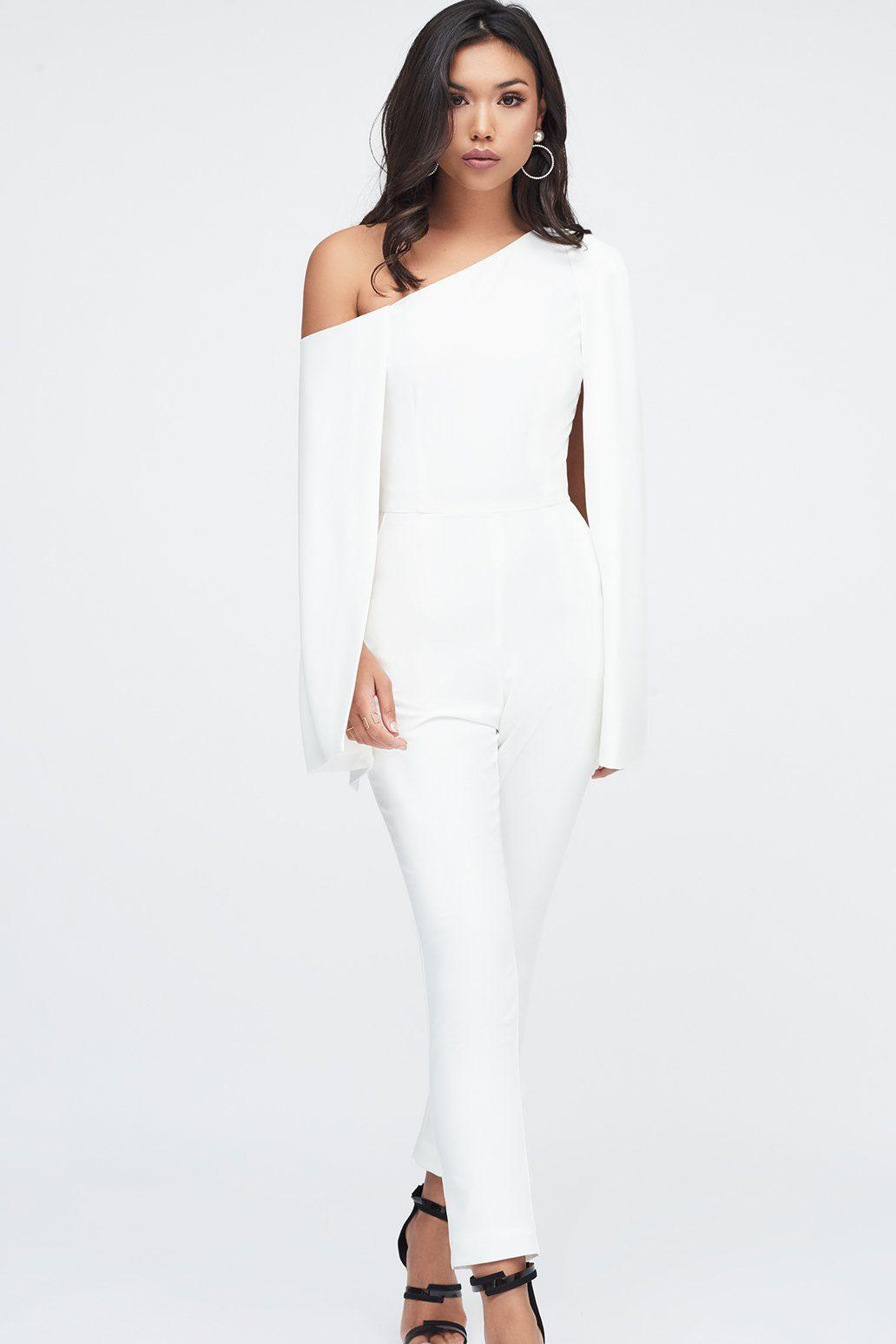 One Shoulder Cape Jumpsuit in White - Lavish Alice