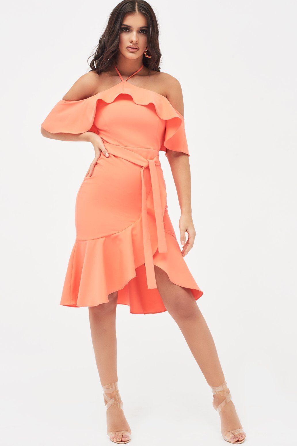 PAISLEY Bardot Frill Halterneck Midi Dress in Neon Coral - Lavish Alice