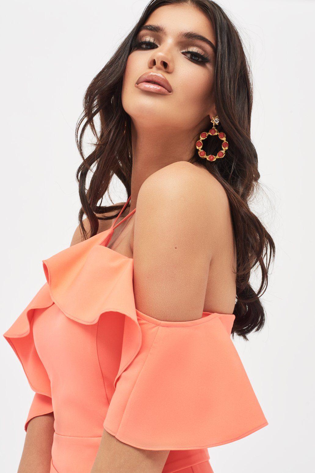 PAISLEY Bardot Frill Halterneck Midi Dress in Neon Coral - Lavish Alice