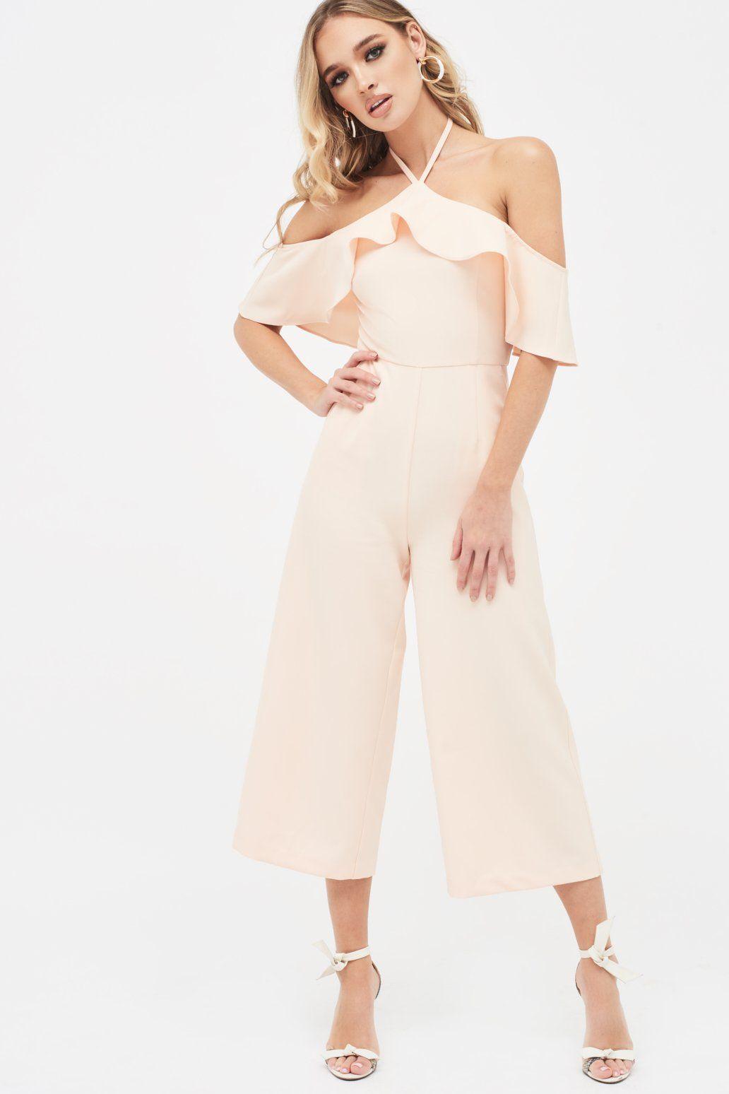 KENNEDY Bardot Frill Halterneck Culotte Leg Jumpsuit in Nude - Lavish Alice