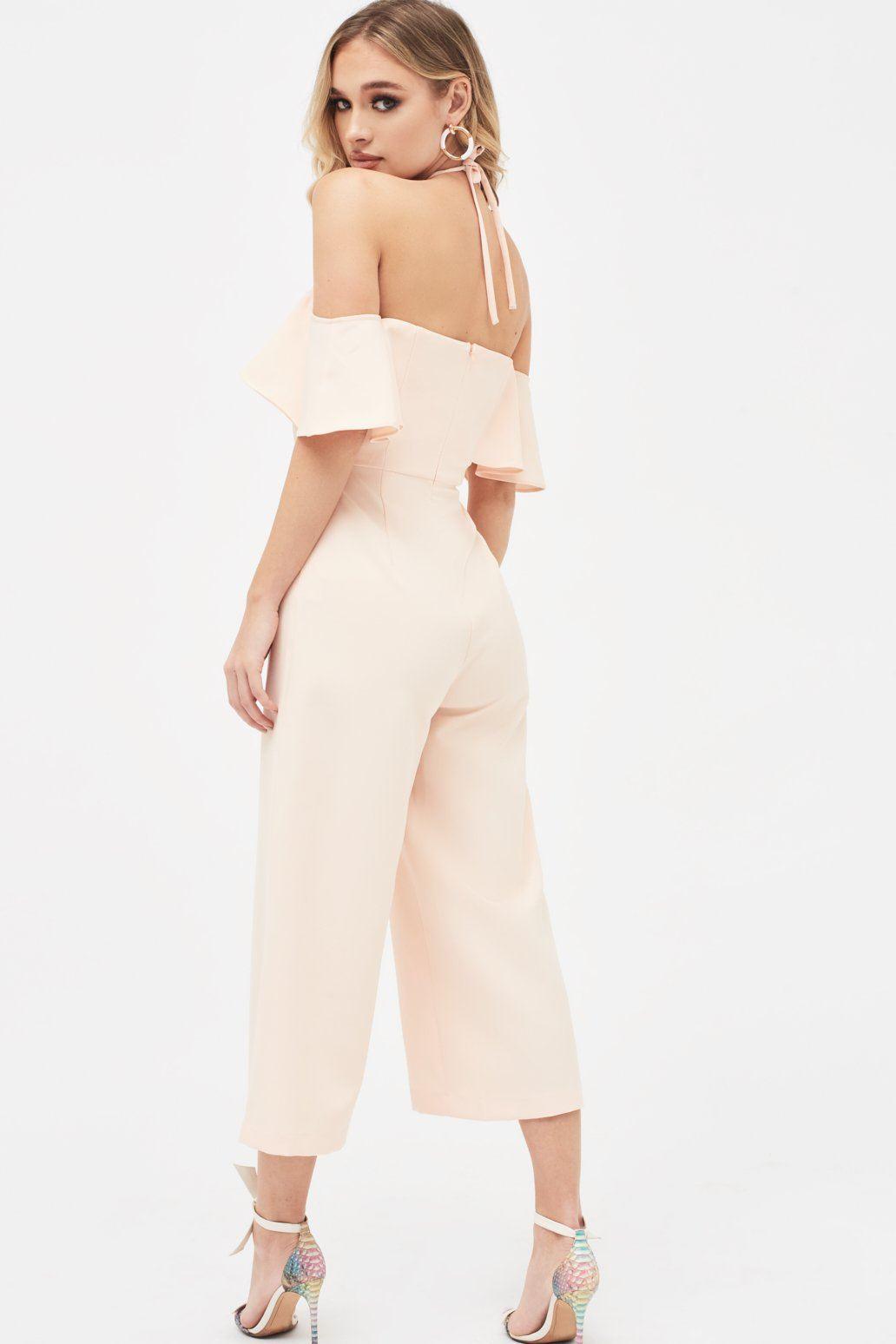 KENNEDY Bardot Frill Halterneck Culotte Leg Jumpsuit in Nude - Lavish Alice