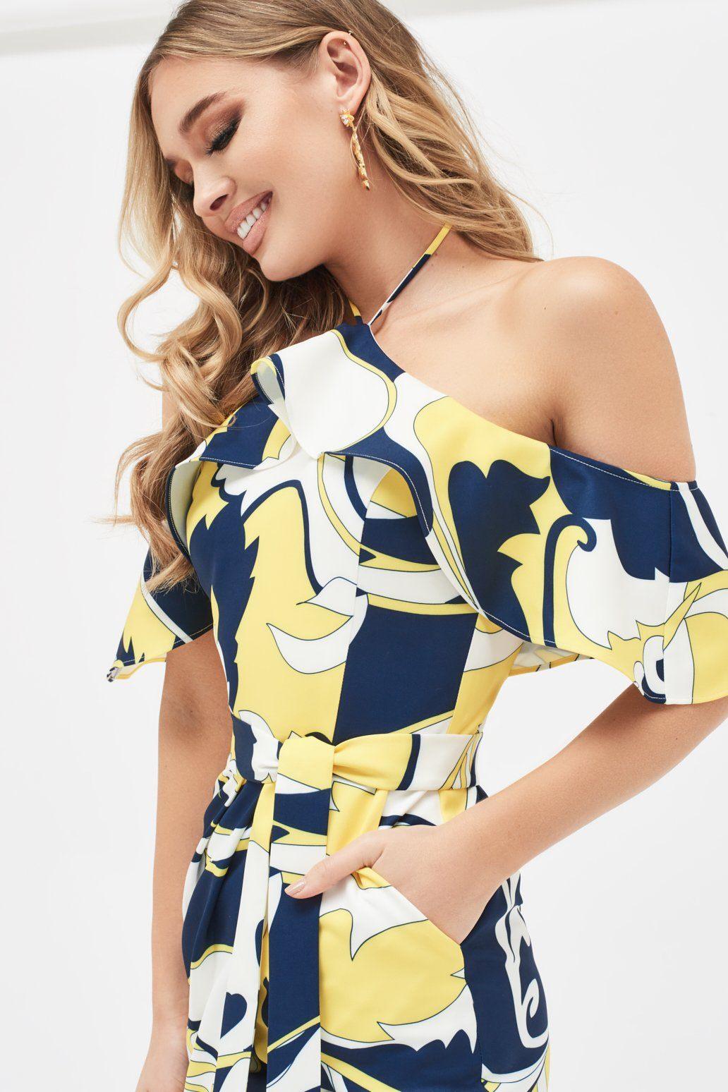 LOGAN Swirl Print Bardot Frill Halterneck Midi Dress - Lavish Alice