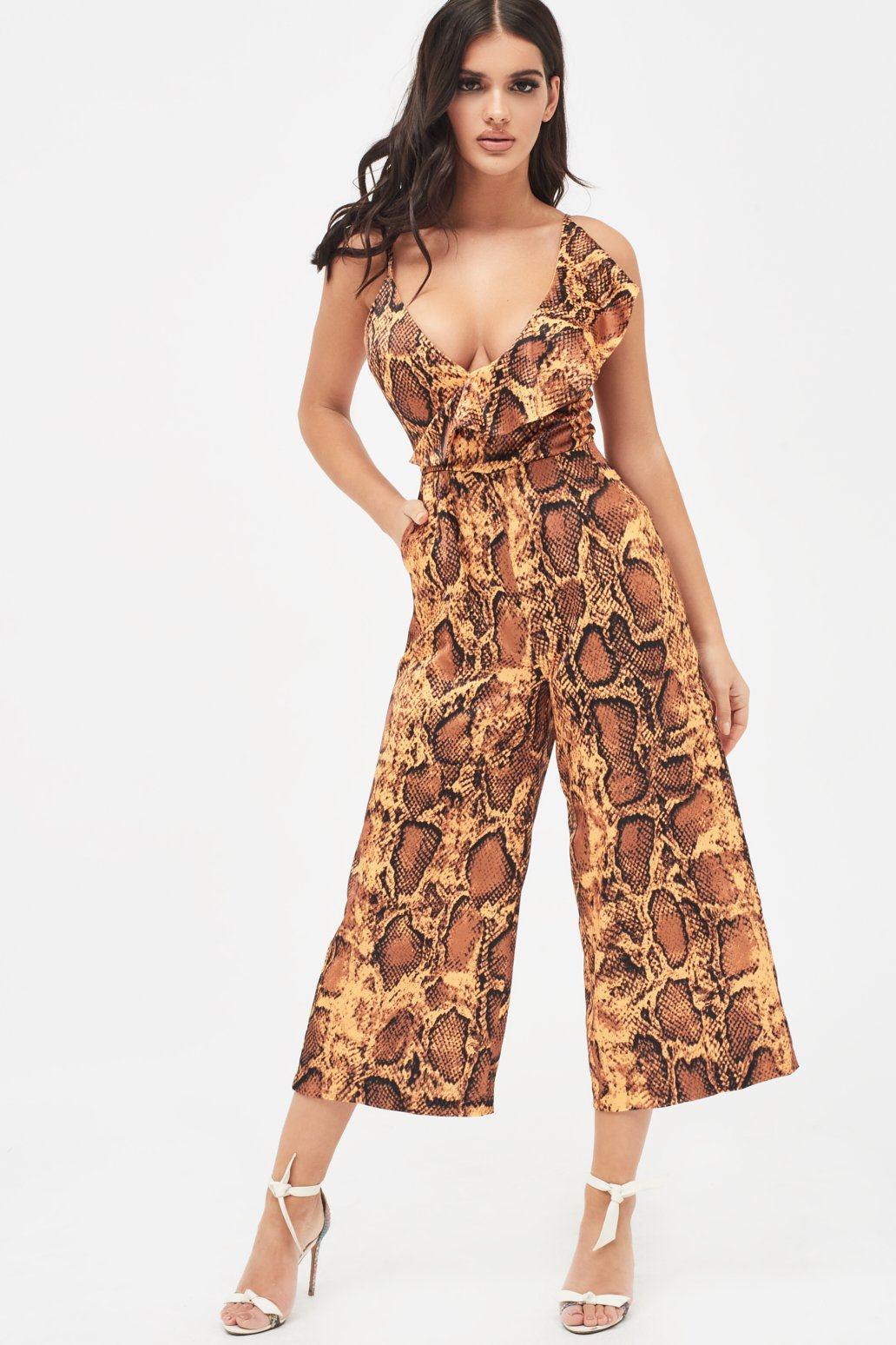 NORA Satin Frill Wrap Culotte Jumpsuit in Golden Yellow Snake Print - Lavish Alice