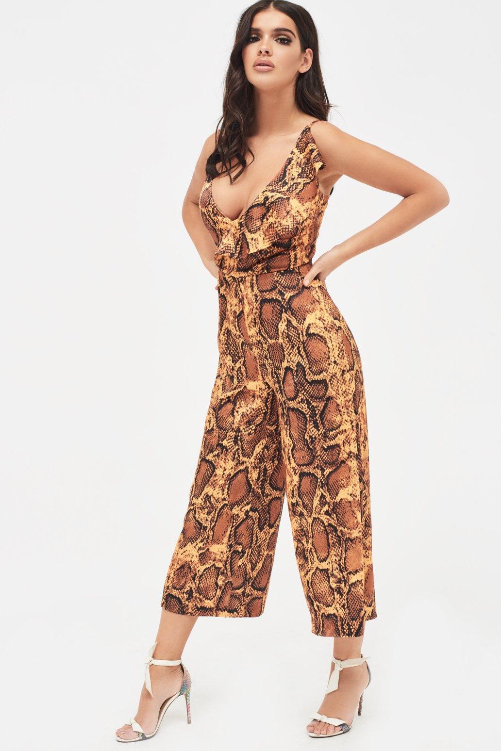 NORA Satin Frill Wrap Culotte Jumpsuit in Golden Yellow Snake Print - Lavish Alice