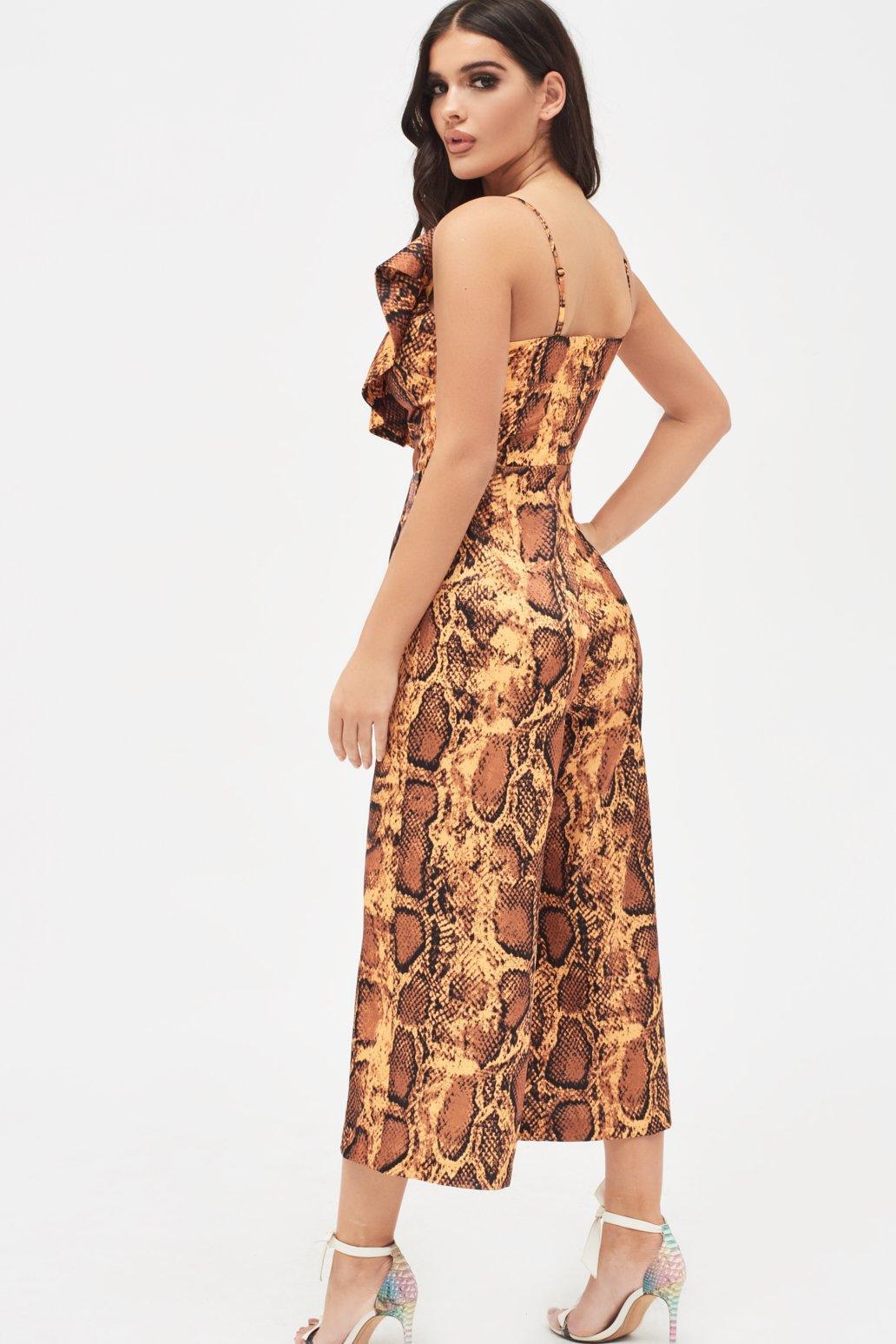 NORA Satin Frill Wrap Culotte Jumpsuit in Golden Yellow Snake Print - Lavish Alice