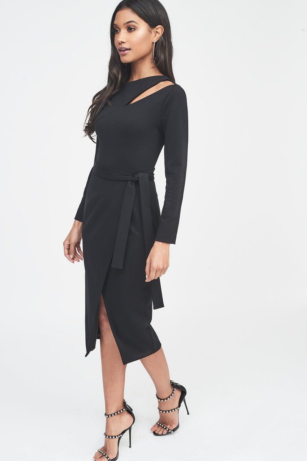Asymmetric Cut Out Detail Wrap Dress in Black - Lavish Alice
