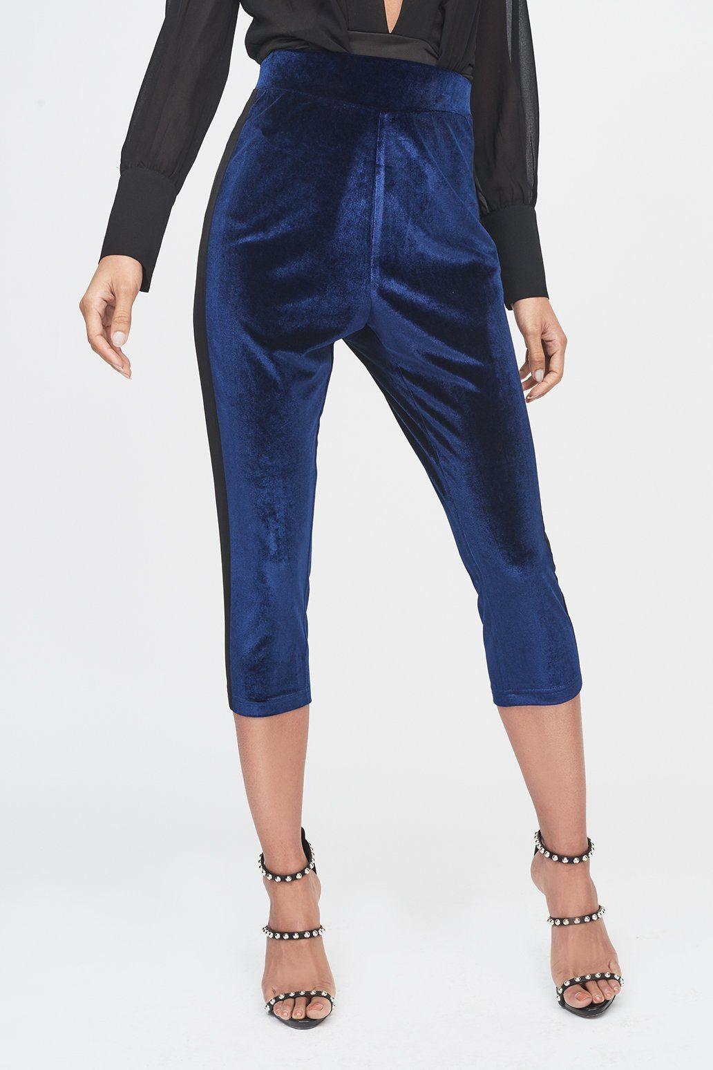 Navy Velvet High Waisted Cropped Trouser with Satin Stripe - Lavish Alice