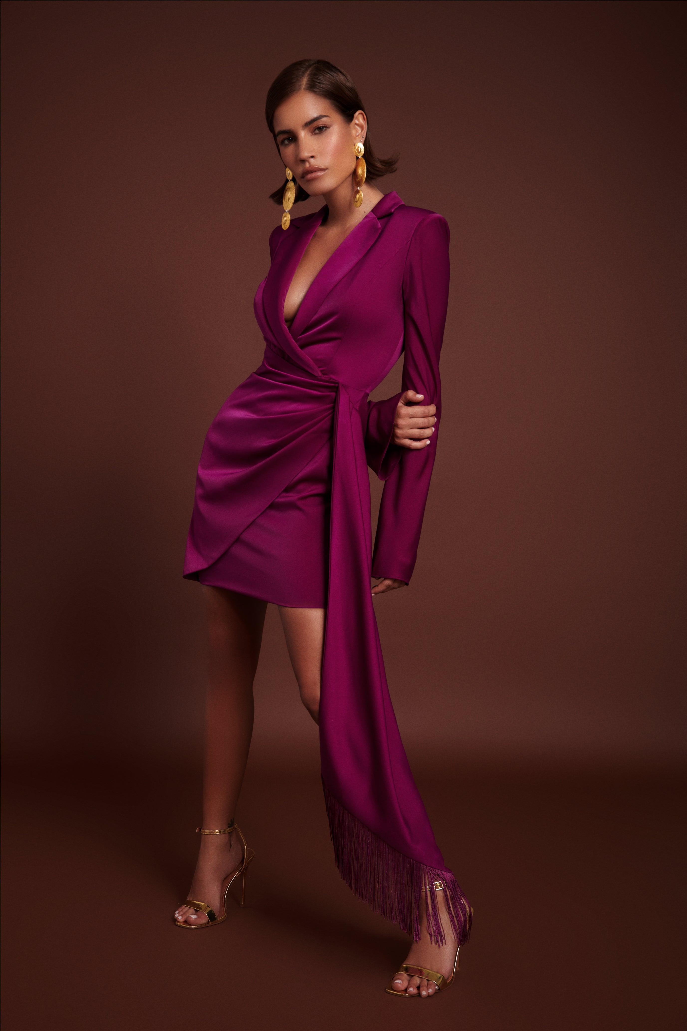 GISELLE Satin Wrap Dress With Tassle Drape In Purple - Lavish Alice