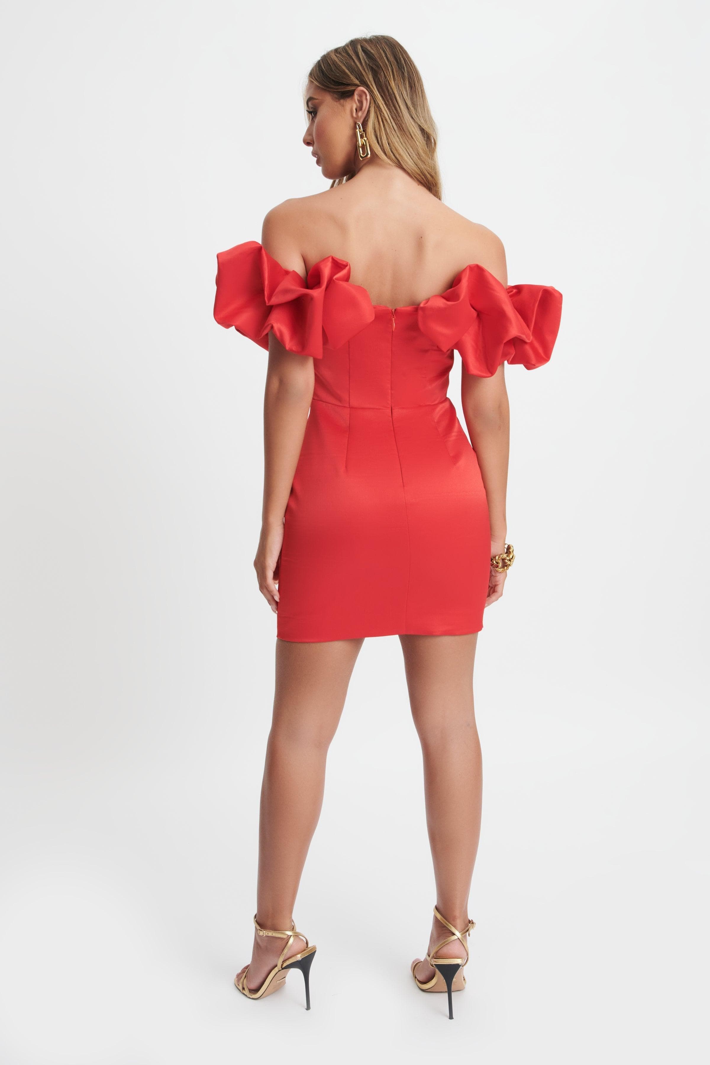 SCARLET Satin Pleated Corset Puff Sleeve Mini Dress In Red - Lavish Alice