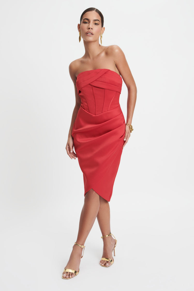 NOVA Pleated Strapless Bonded Satin Midi Dress In Red