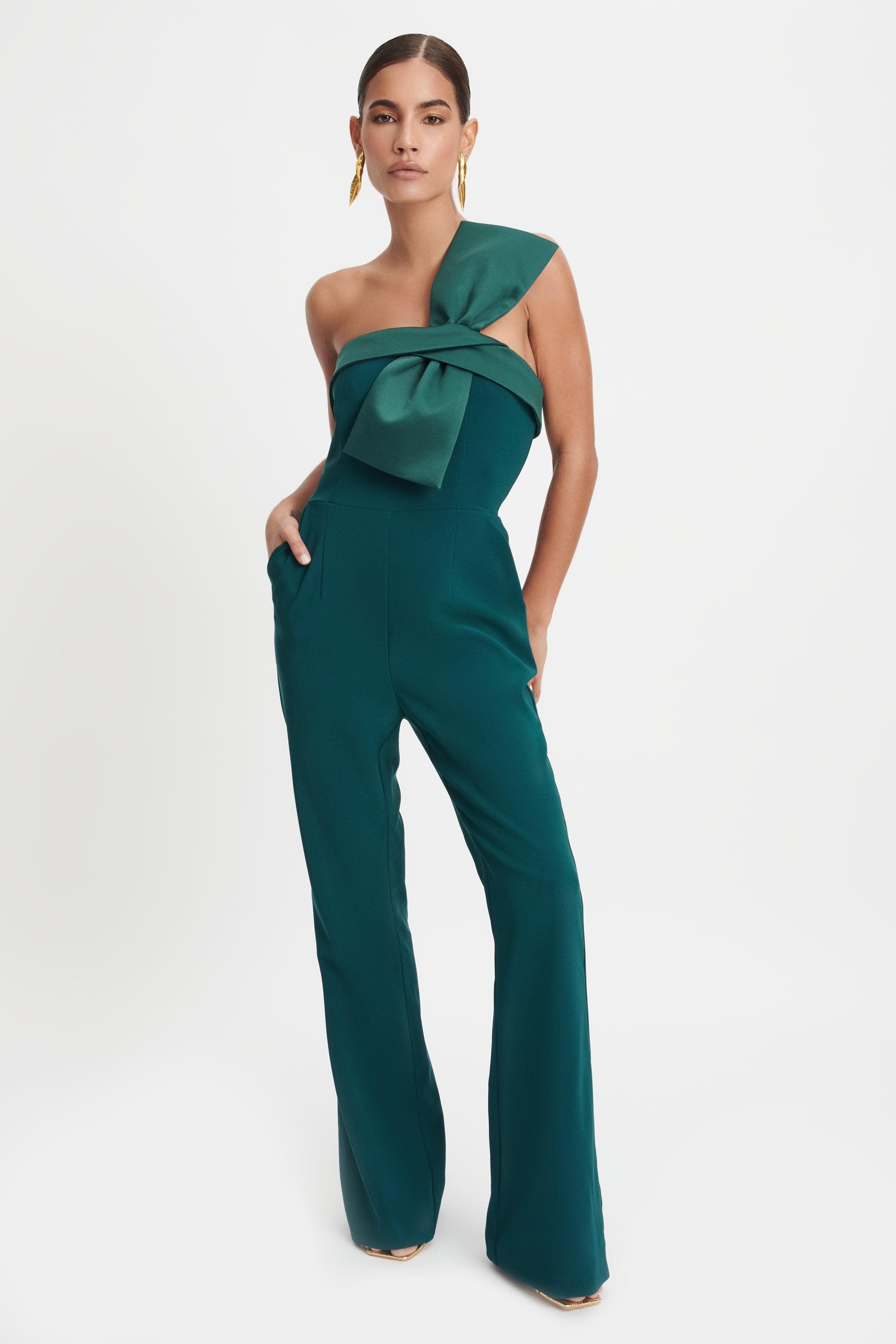 RIVER Satin Mix Bandeau Bow Detail Jumpsuit In Emerald - Lavish Alice