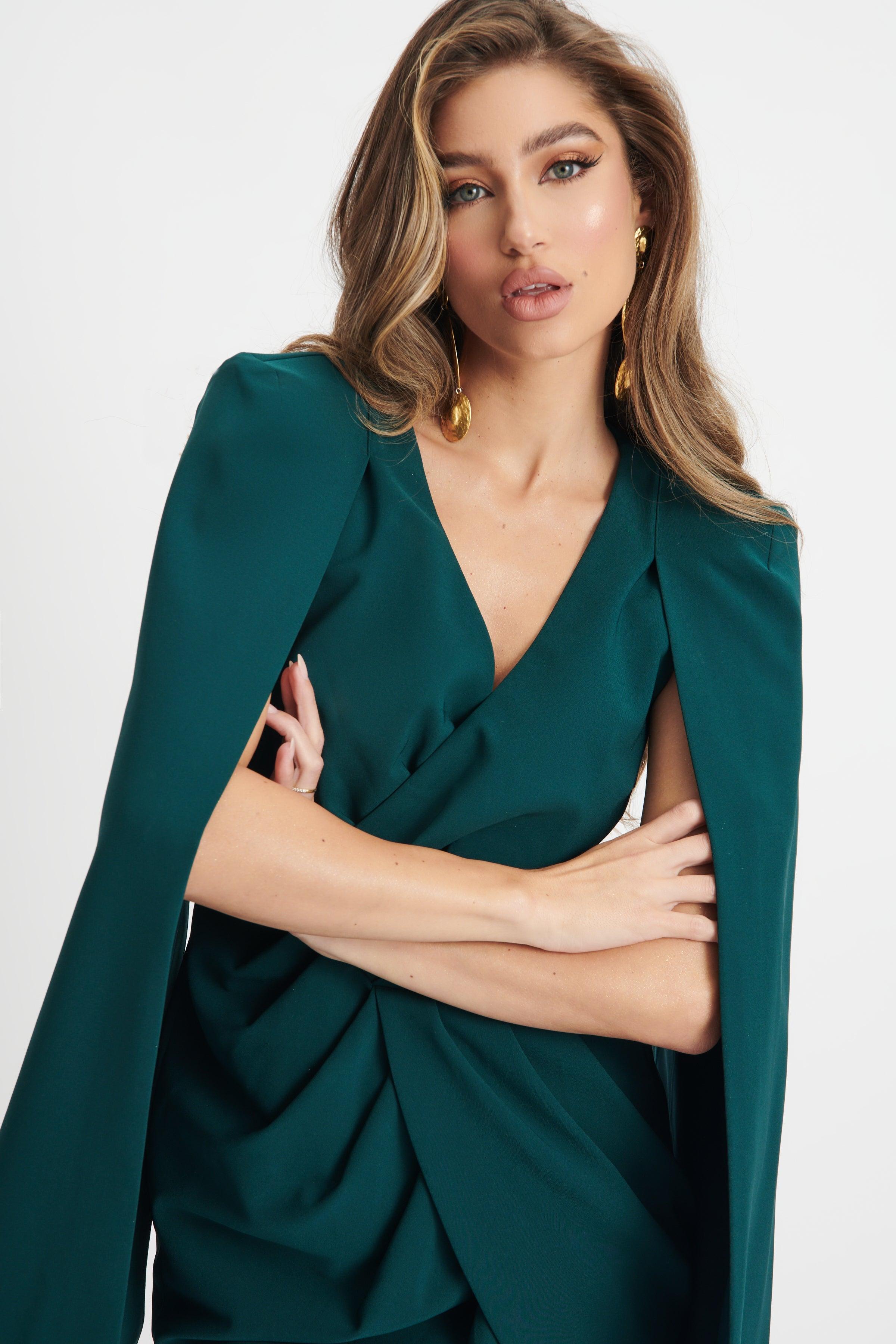 NINA Pleated Cape Sleeve Mini Dress In Emerald Green - Lavish Alice
