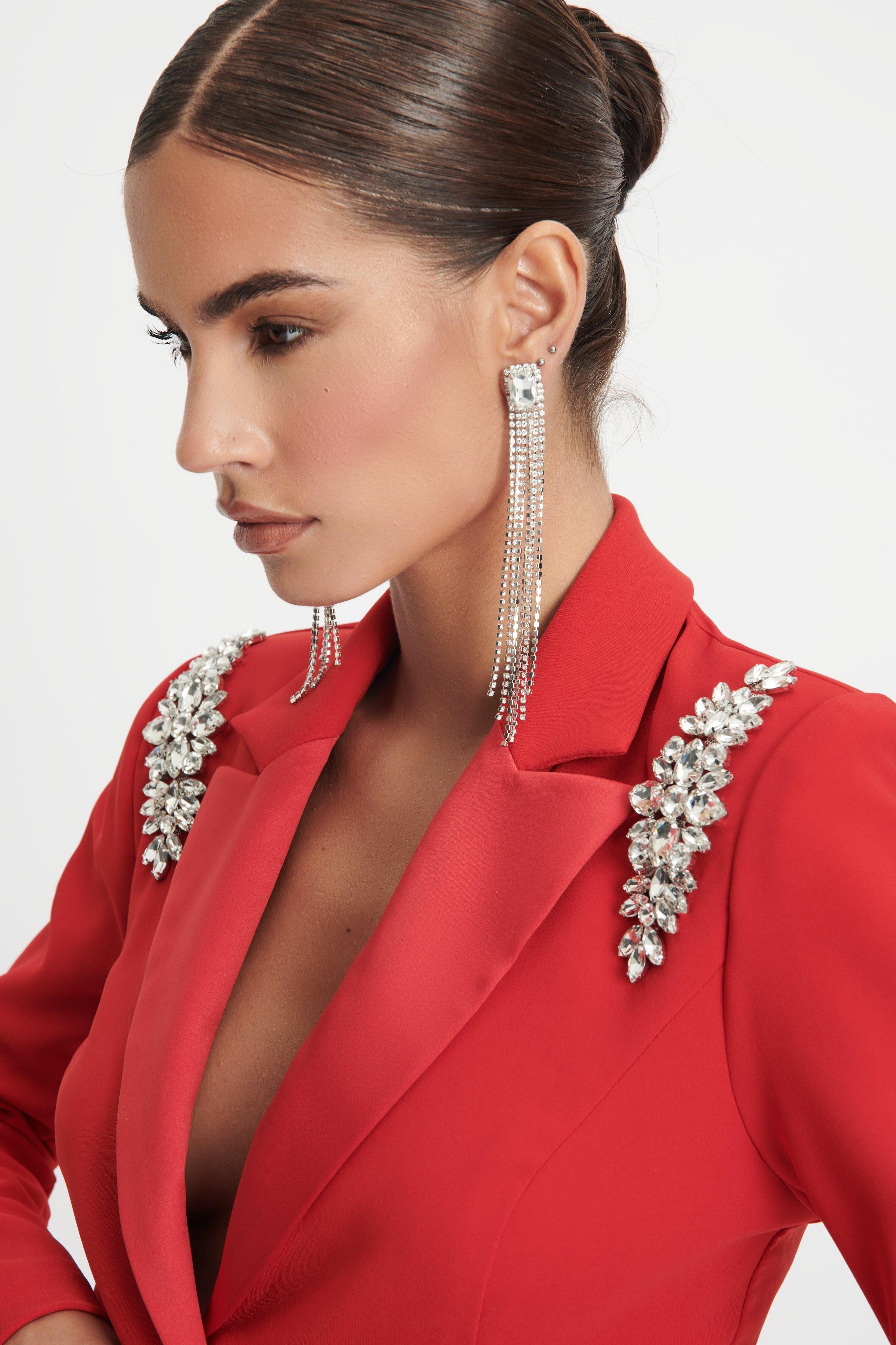 ALAIA Diamante Shoulder Trim Wrap Blazer Dress In Red - Lavish Alice