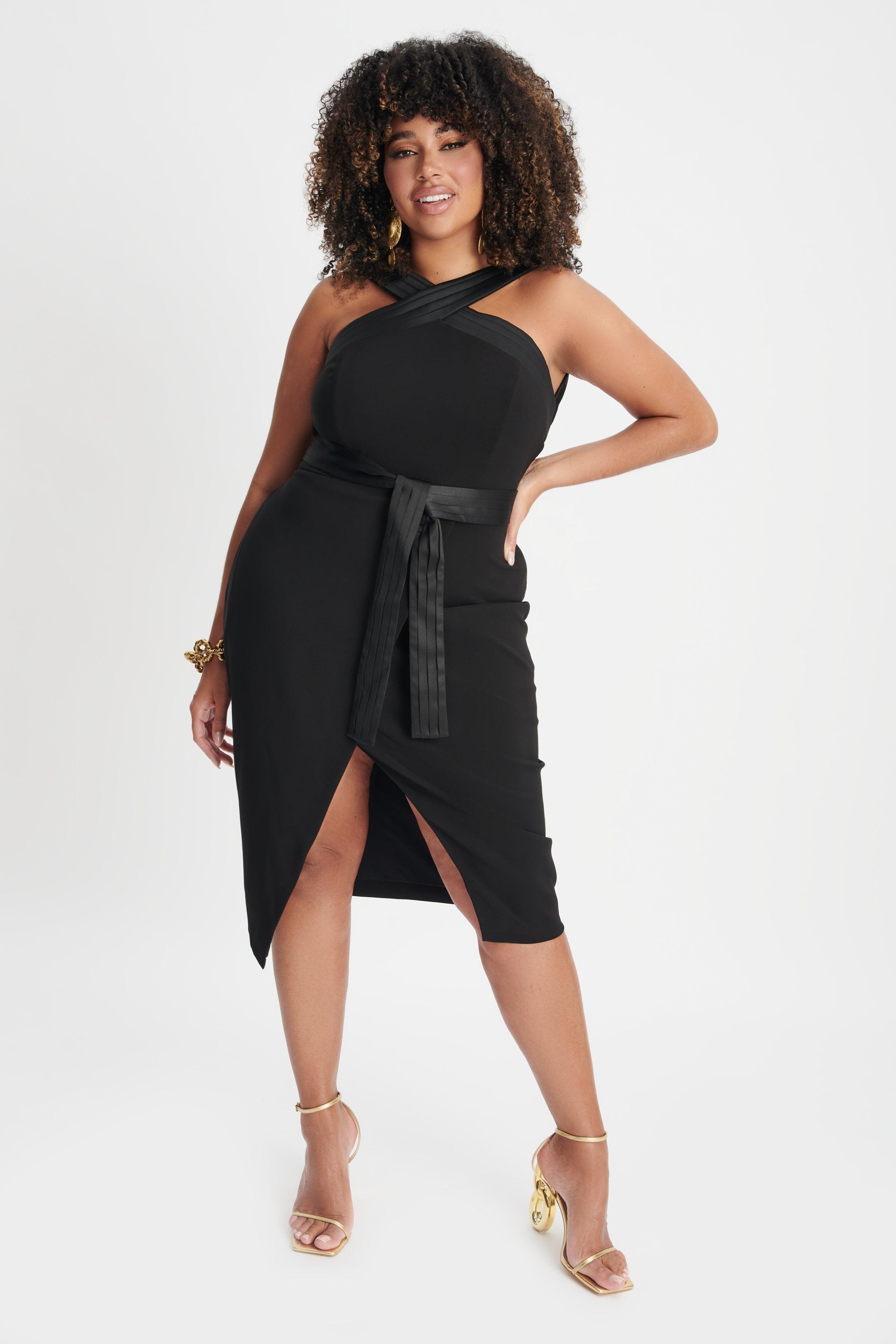 ISLA Curve Satin Mix Cross Over Midi Dress In Black - Lavish Alice