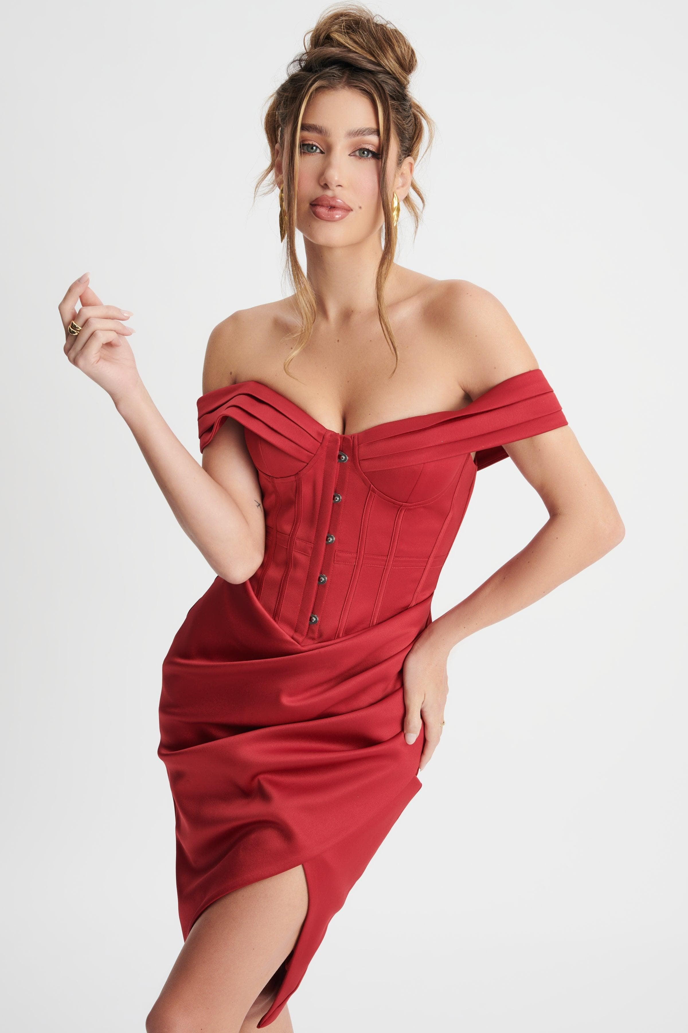 KYLIE Satin Off Shoulder Corset Wrap Dress In Burgundy - Lavish Alice