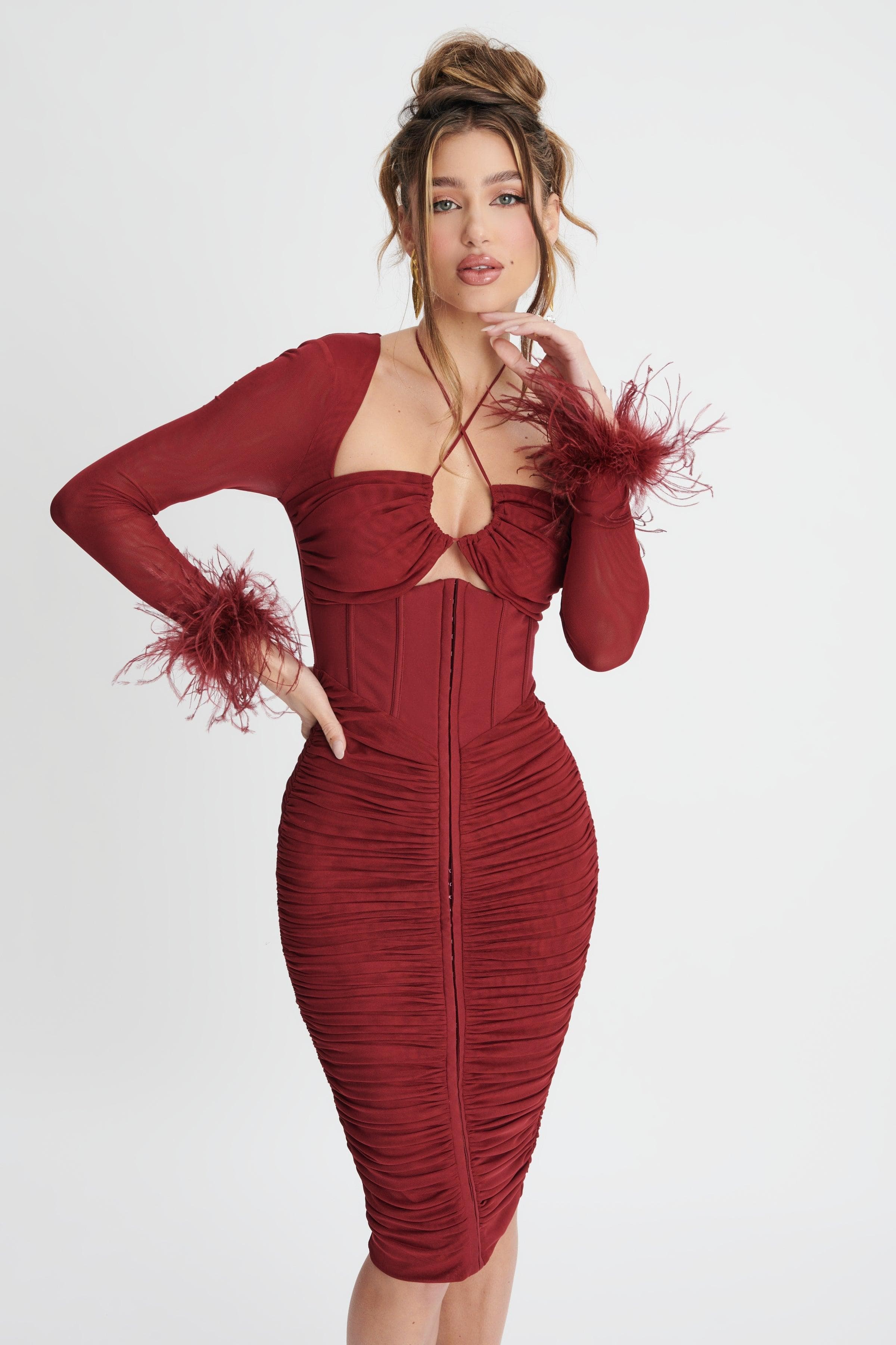 CATALINA Gathered Mesh Midi Dress With Feather Cuffs In Burgundy - Lavish Alice