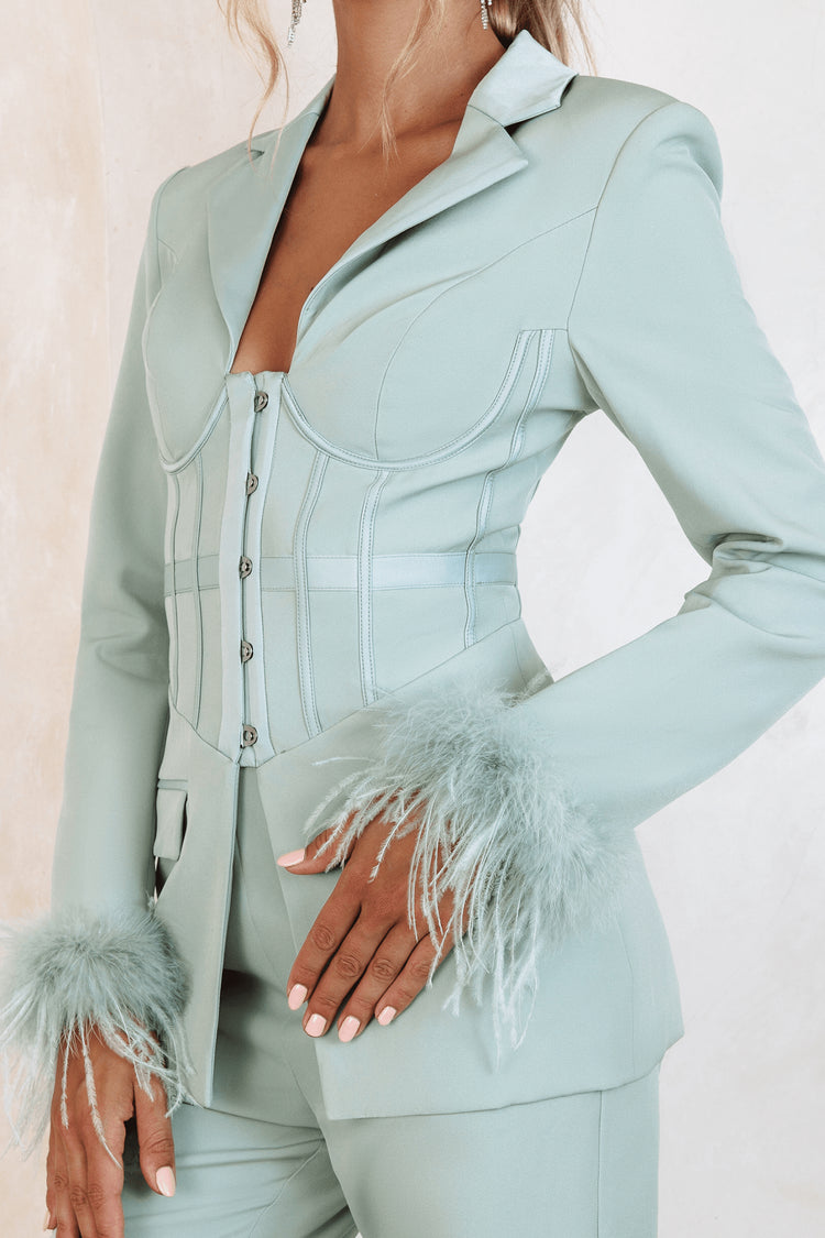 ISABELLA Corset Jacket With Feather Trim In Sage Green