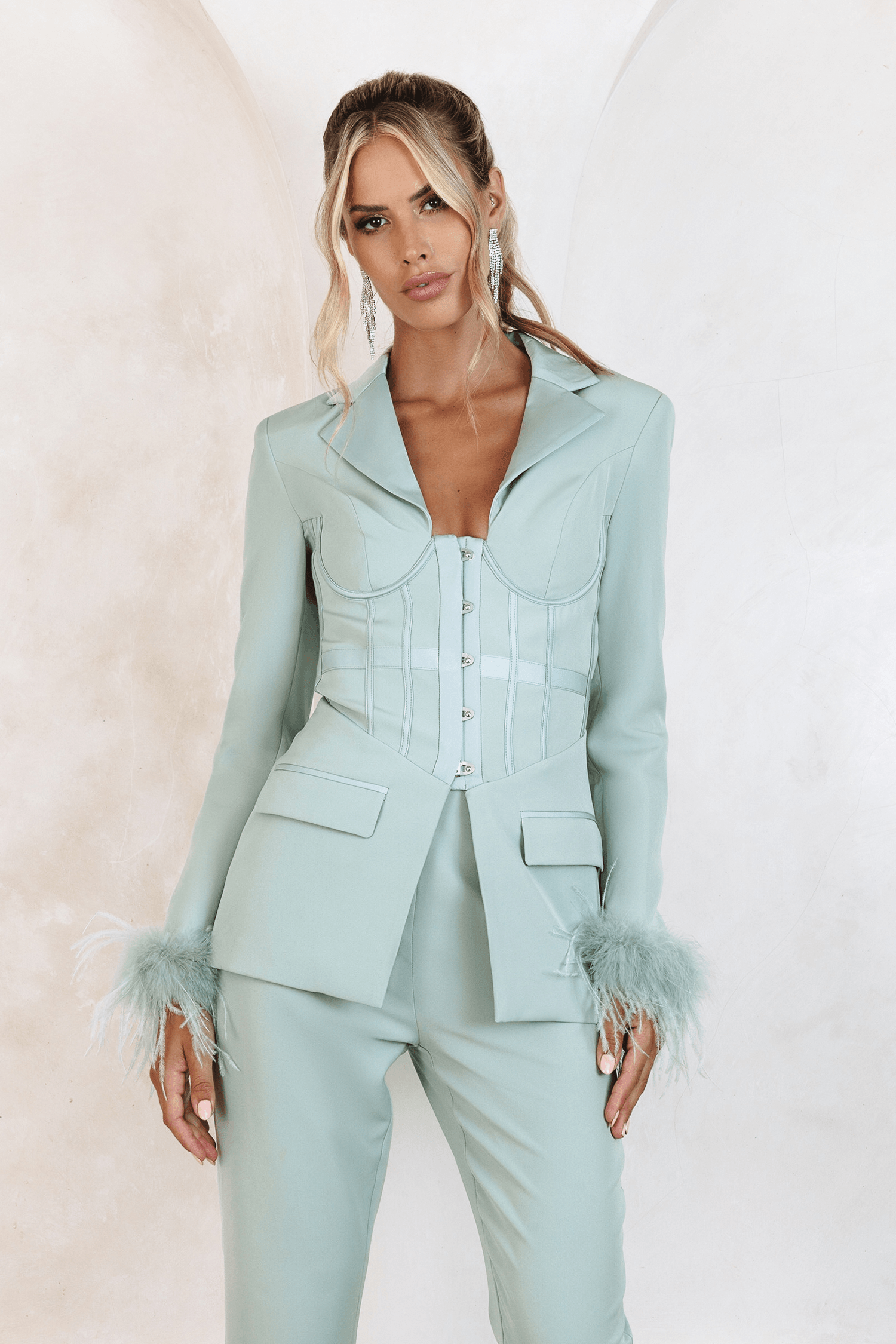 ISABELLA Corset Jacket With Feather Trim In Sage Green - Lavish Alice
