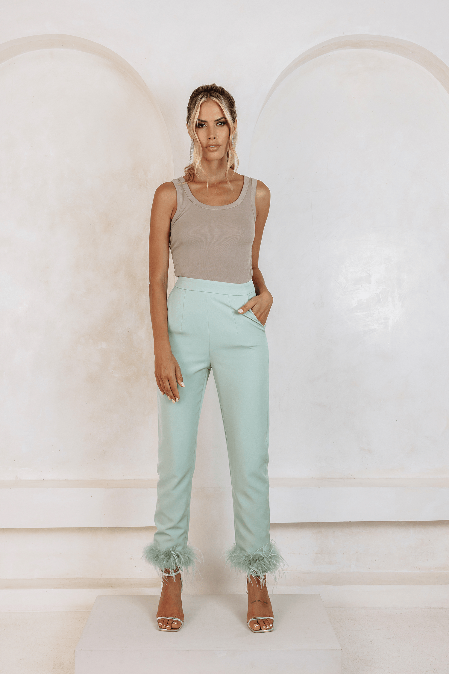 LILY Feather Trim Trousers In Sage Green - Lavish Alice