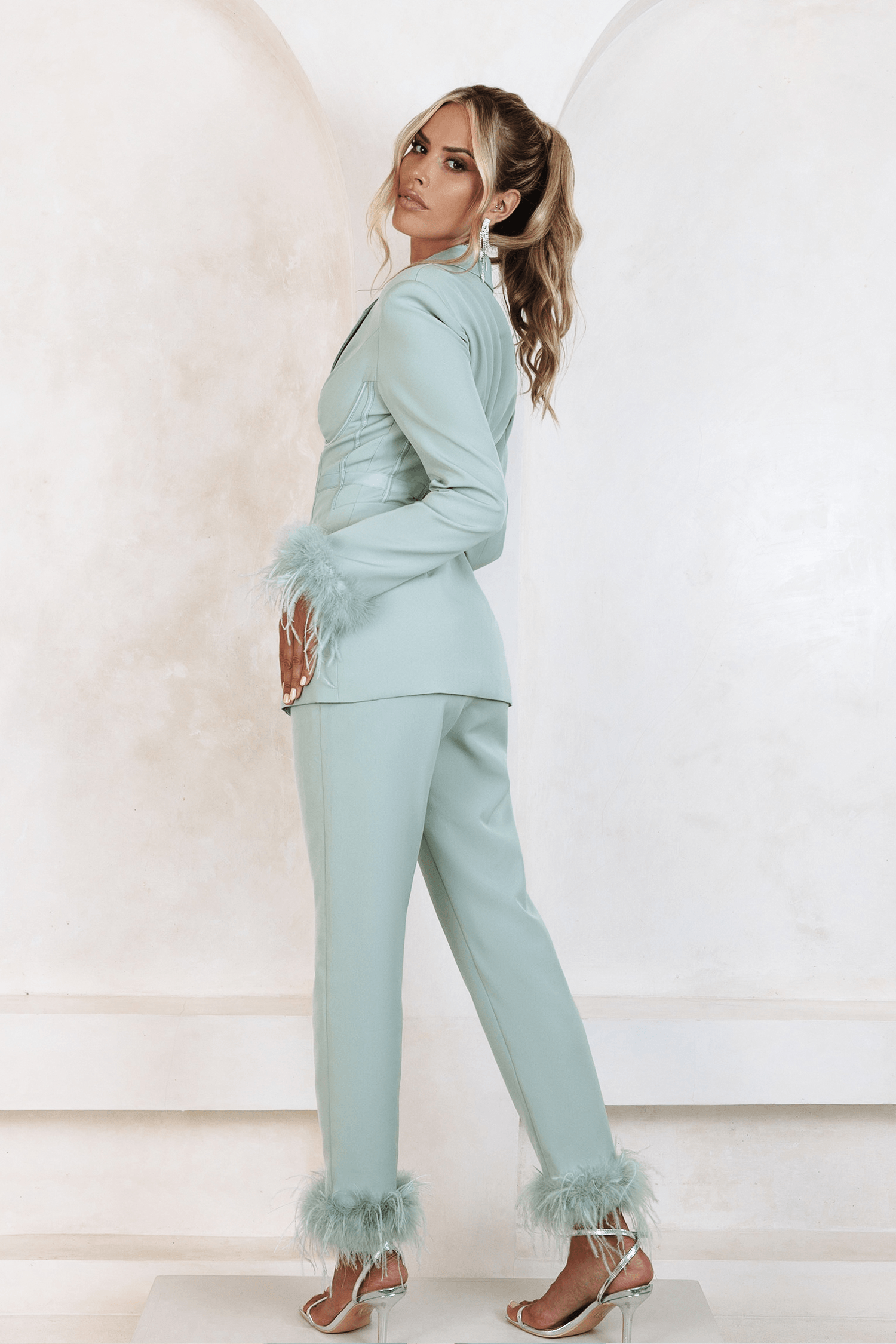 LILY Feather Trim Trousers In Sage Green - Lavish Alice