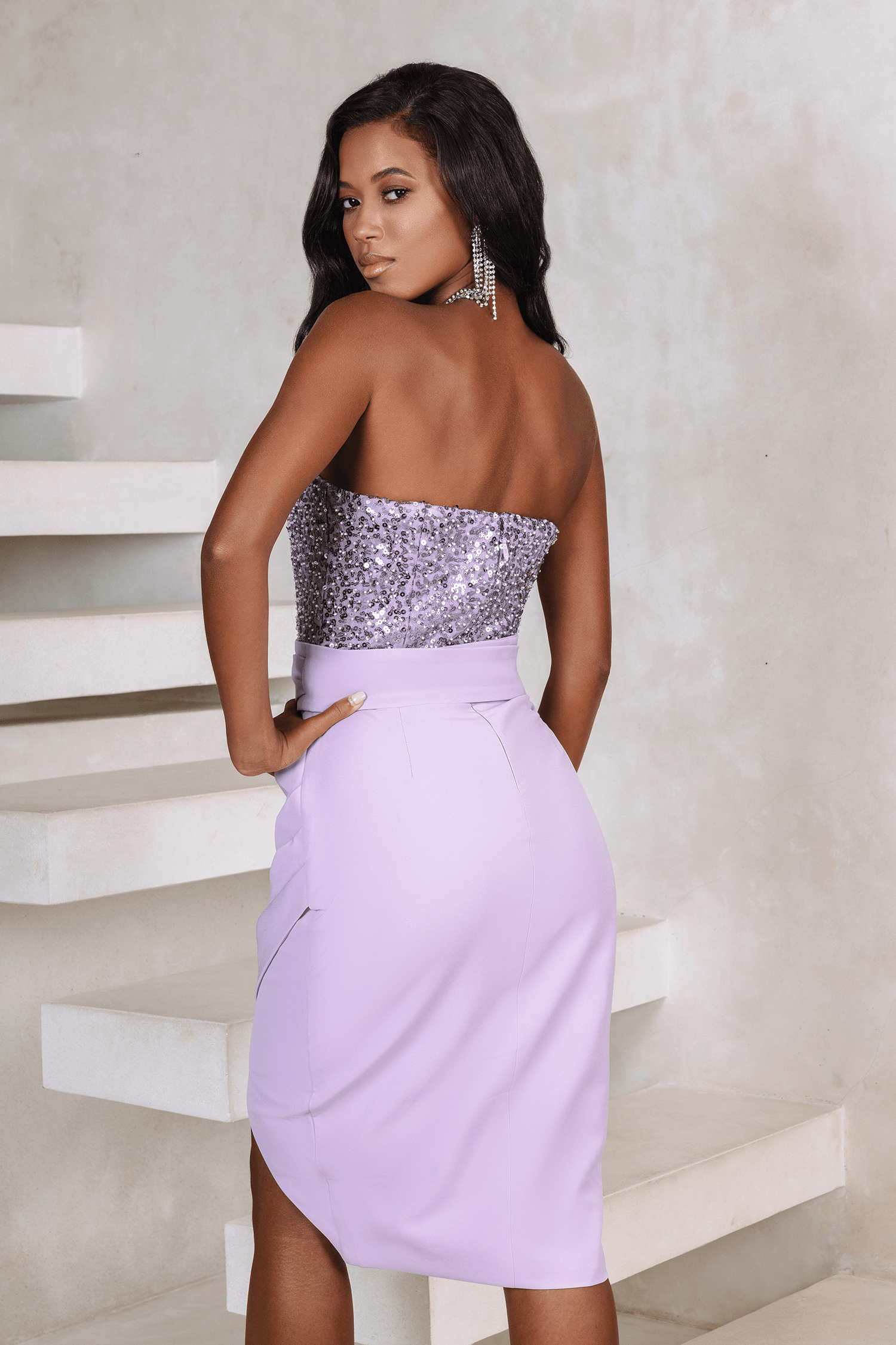 PENELOPE Embellished Curved Bandeau Midi Dress In Lilac - Lavish Alice