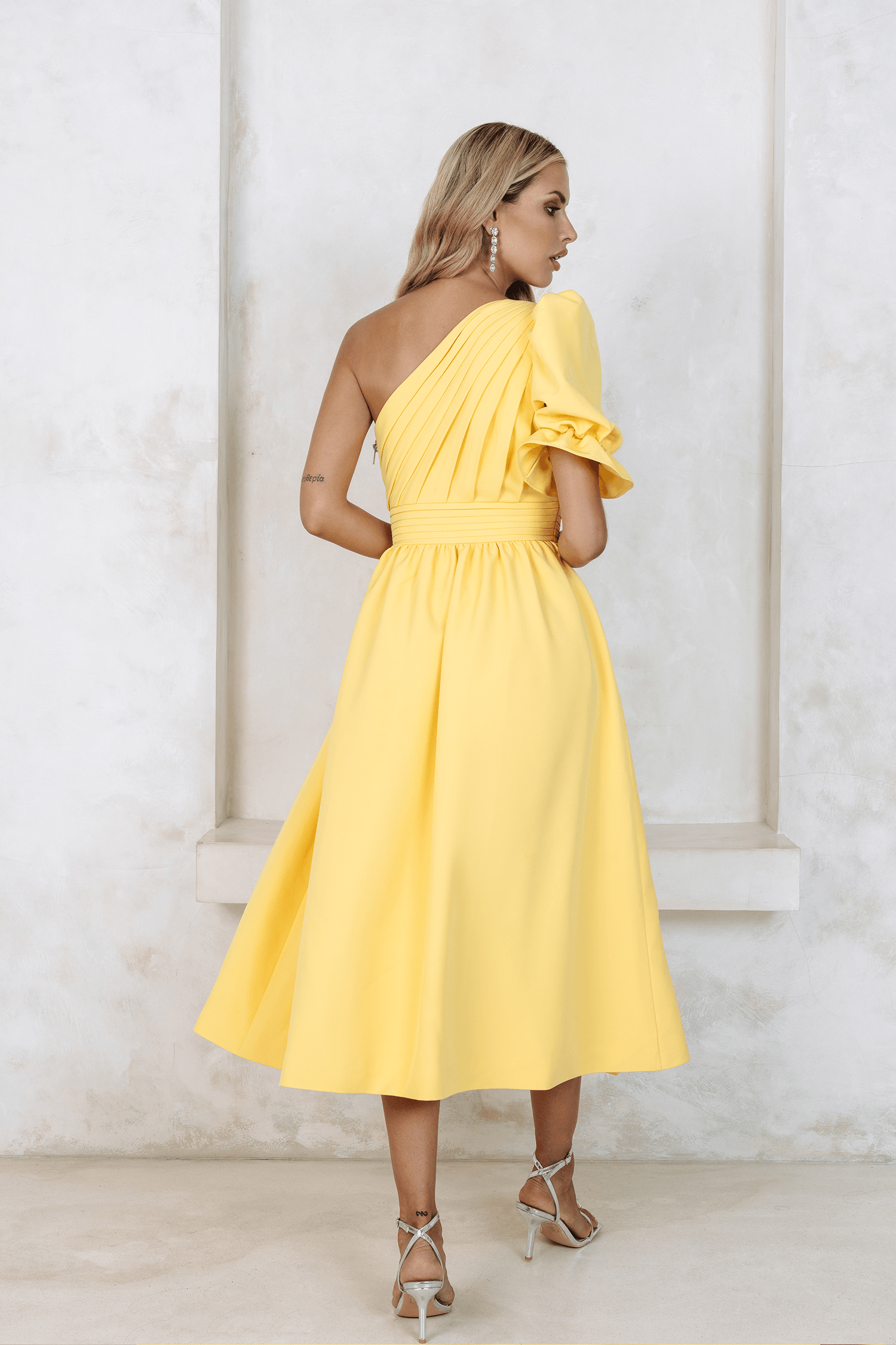 STASSI One Shoulder Puff Midi Dress In Yellow - Lavish Alice